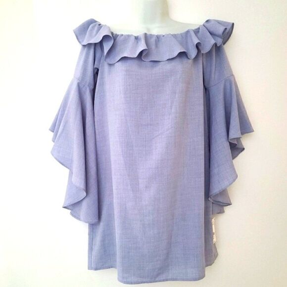 Chambray Grey-Blue Off-Shoulder Ruffle Dress - NWT - M - Picture 3 of 13